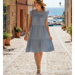 J. Crew Size 6 Chambray Dress Flutter Sleeve Babydoll Pockets Cotton Boho  Chic